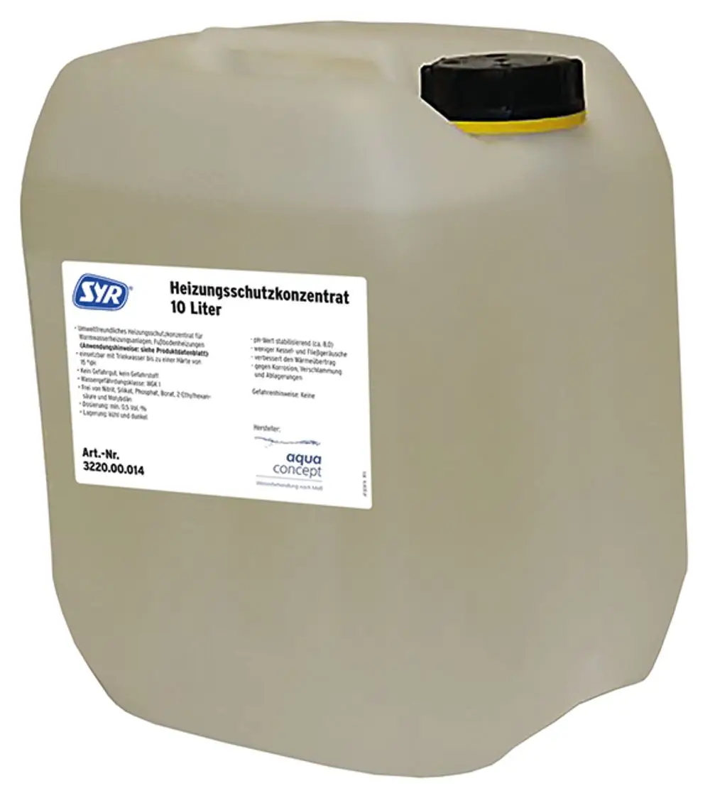 Kunststoffkanister mit schwarzem Schraubverschluss, beschriftet mit Informationen zu Heizschutzkonzentrat von der Marke Syr. Inhalt: 10 Liter.